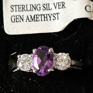 RING, GENUINE AMETHYST OVAL WITH 2 ROUND CUBIC ZIRCONIAS, IN STERLING SILVER,